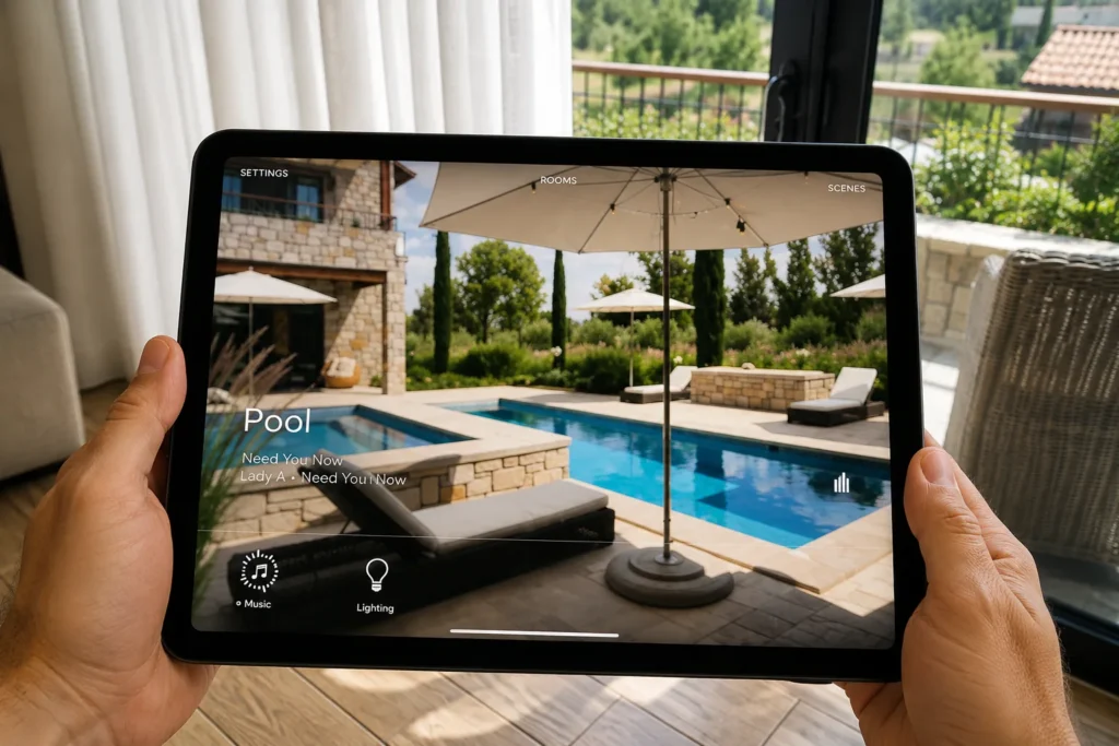 Una tablet donde se visualiza la cámara que apunta a la piscina