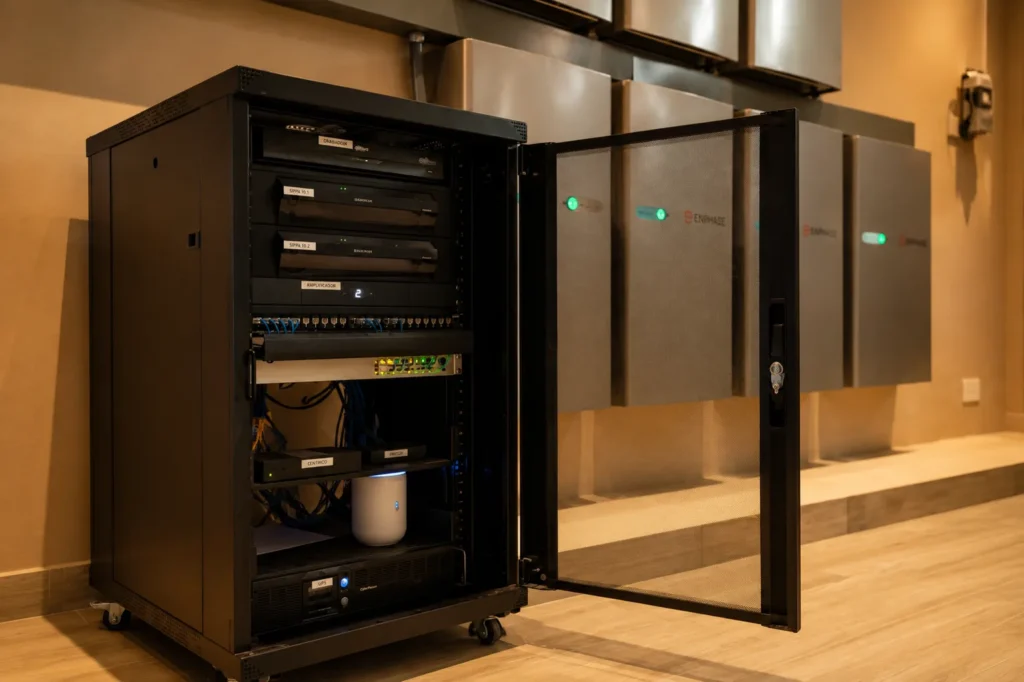 Un servidor con conexiones de cámaras, luces entre otros dispositivos