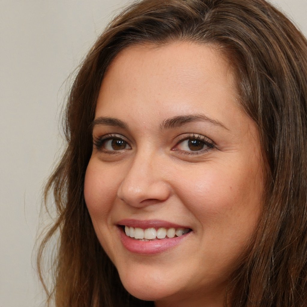 mujer sonriente con el pelo largo marrón y una camisa blanca