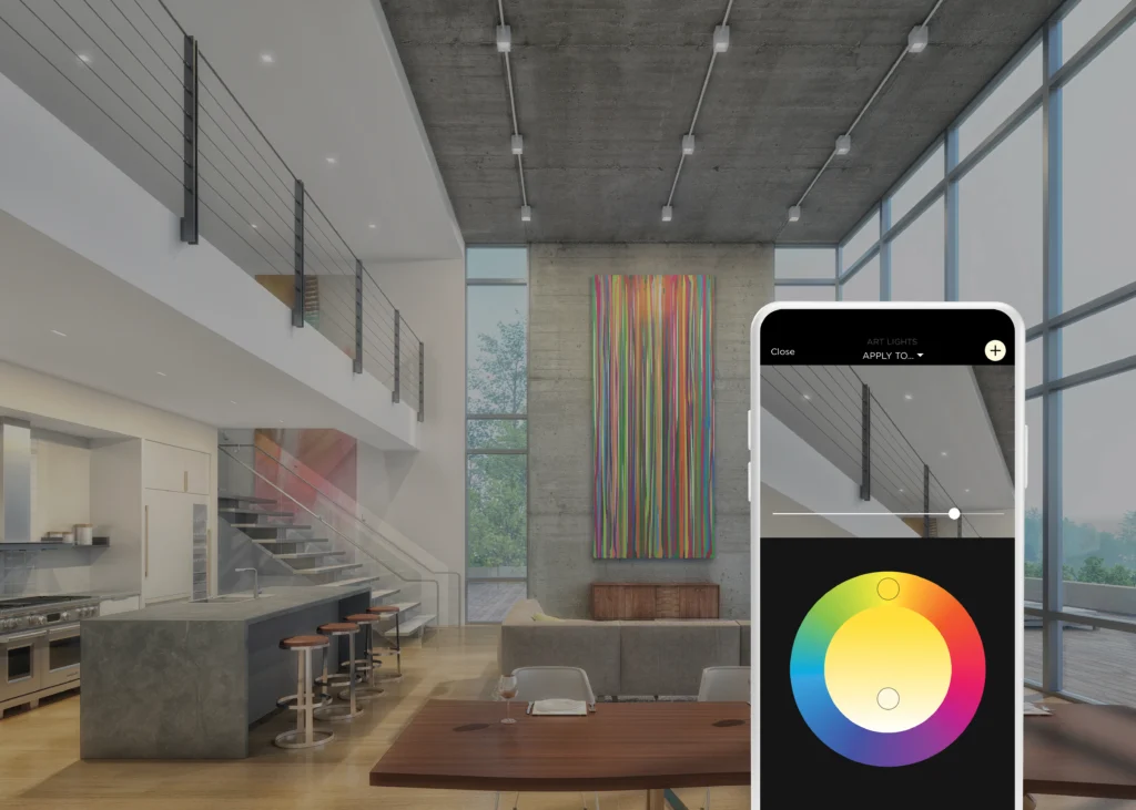 Una sala iluminada con un celular controlando las luces